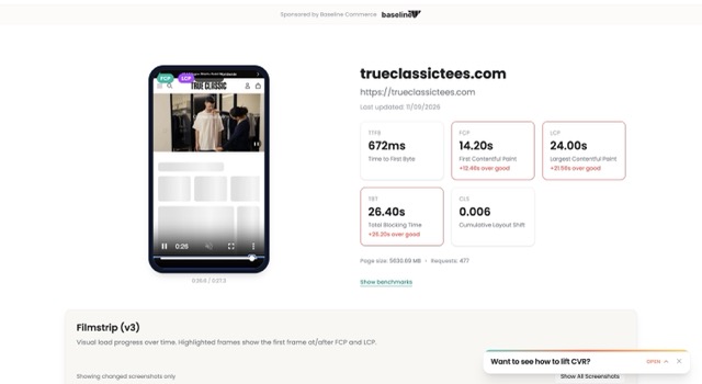 FasterSite lab report with filmstrip and Core Web Vitals for a store homepage