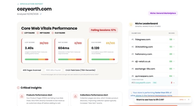 FasterSite speculation report showing Core Web Vitals scores and a niche leaderboard